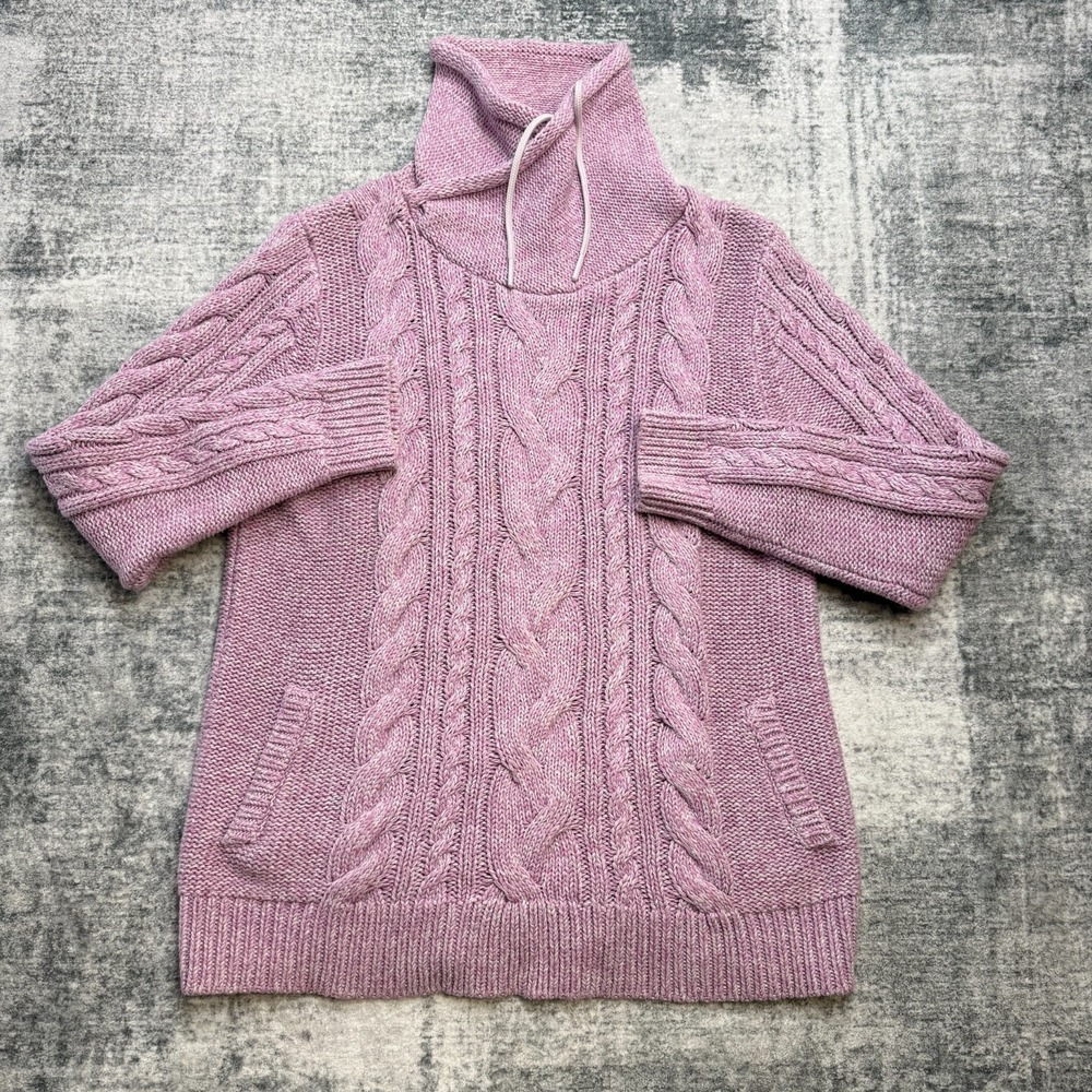 LL Bean Sweater Womens Large Purple Lilac Cable‎ Knit Funnel Neck Tunic Cotton